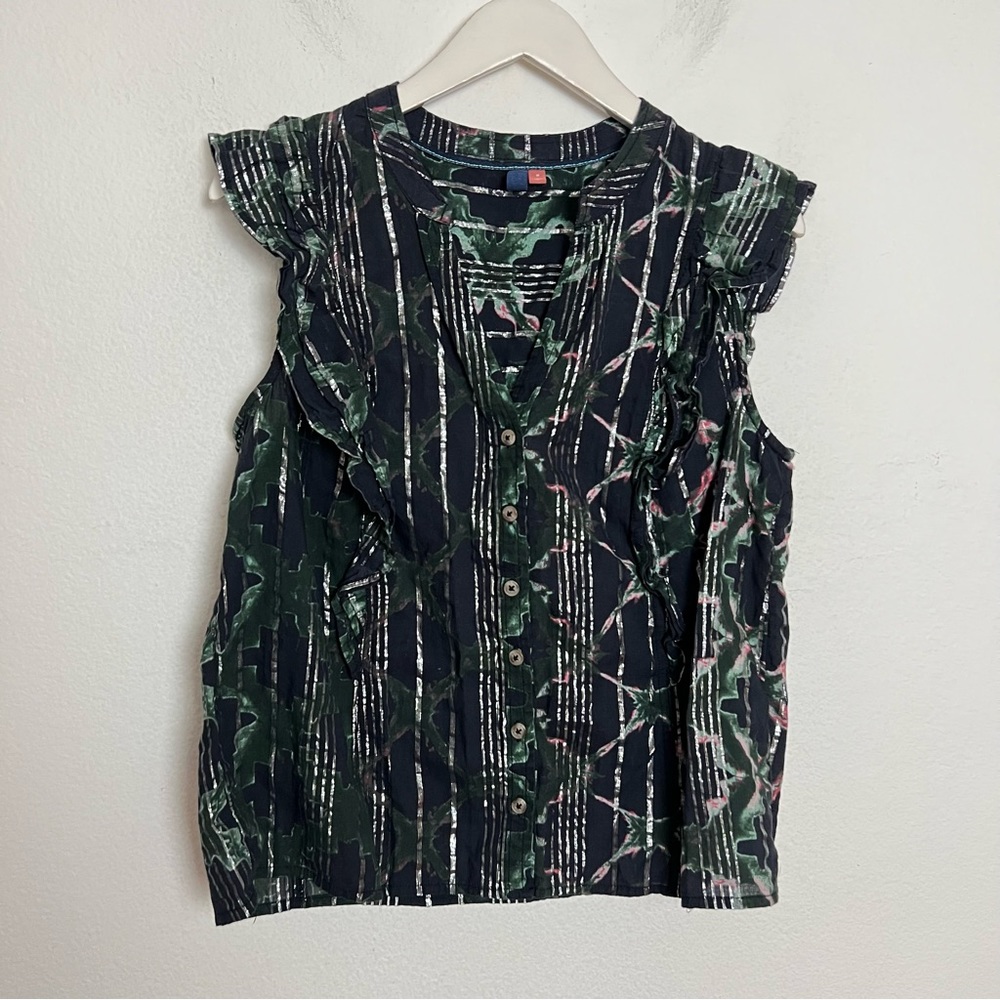 Anthropologie Pilcro Ruffled Button Front Sleeveless Blouse Black Print Top M - Picture 4 of 12